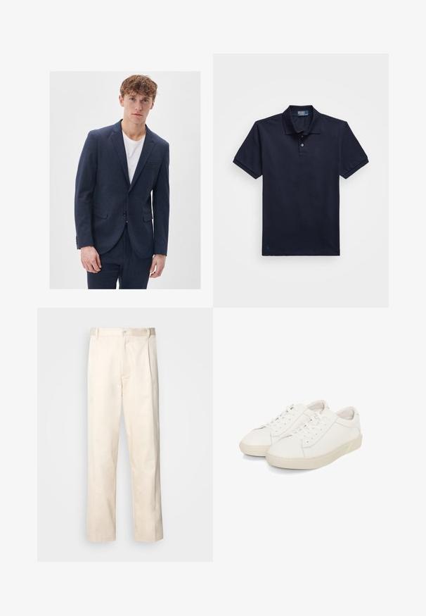 Giacca da abito in misto lana blu navy con revers, due tasche frontali, chiusura a un bottone e tessuto con texture.; Polo shirt blu navy realizzato in tessuto testurizzato, con una patta a due bottoni e un piccolo logo ricamato sull'orlo. Maniche corte.; Pantaloni in cotone beige con taglio dritto, dotati di chiusura a bottone e pence sul davanti per un tocco di dettaglio in più.; Sneakers bianchi in pelle con texture liscia, caratterizzati da punte rotonde, design con lacci e suola in gomma leggermente sollevata.