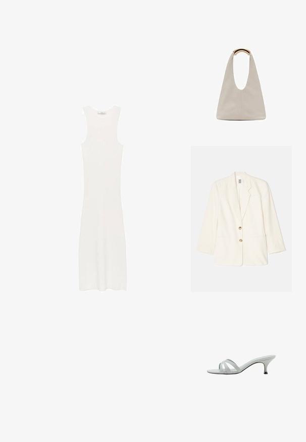Sacou de culoare crem, realizat dintr-un material texturat, care dispune de un design cu un singur nasture, două buzunare frontale și nasturi de culoare aurie.; Rochie albă, fără mâneci, din tricot cu model în relief, cu o siluetă ajustată, care ajunge sub genunchi. Design simplu și minimalist, fără modele sau accesorii.; Sandale cu toc gri deschis, cu trei curele încrucișate, un profil subțire și un toc îngust. Textură netedă cu un finisaj ușor lucios.; Geantă din piele gri deschis cu un design în formă de U și un mâner metalic curbat. Textură netedă cu cusături minime și fără modele vizibile.