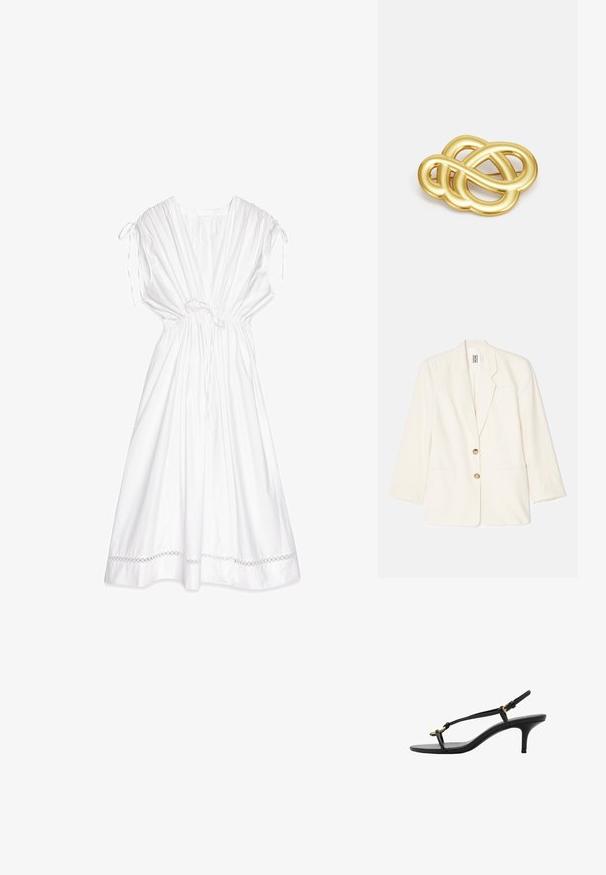 Kremowa marynarka wykonana z teksturowanej tkaniny, charakteryzująca się jedwabnym zapięciem, dwoma przednimi kieszeniami i guzikami w złotym odcieniu.; Biała sukienka o luźnym kroju, z regulowanym paskiem w talii i marszczonymi ramionami. Posiada koronkowe wykończenie przy dole oraz miękki, lekki materiał.; Czarne skórzane sandały na koturnie z cienkimi paskami, złotą klamrą i minimalistycznym pętelką na palce na białym tle.; Brązowa skórzana torebka z podwójnymi uchwytami, okrągłym kształtem, złotymi okuciem i centralnym detalem z klamrą. Gładka tekstura z haftowanymi akcentami.; Brożka w odcieniu złotym z knotowym wzorem, posiadająca gładkie, zaokrąglone linie oraz misterny kształt, odzwierciedlająca wypolerowaną powierzchnię.
