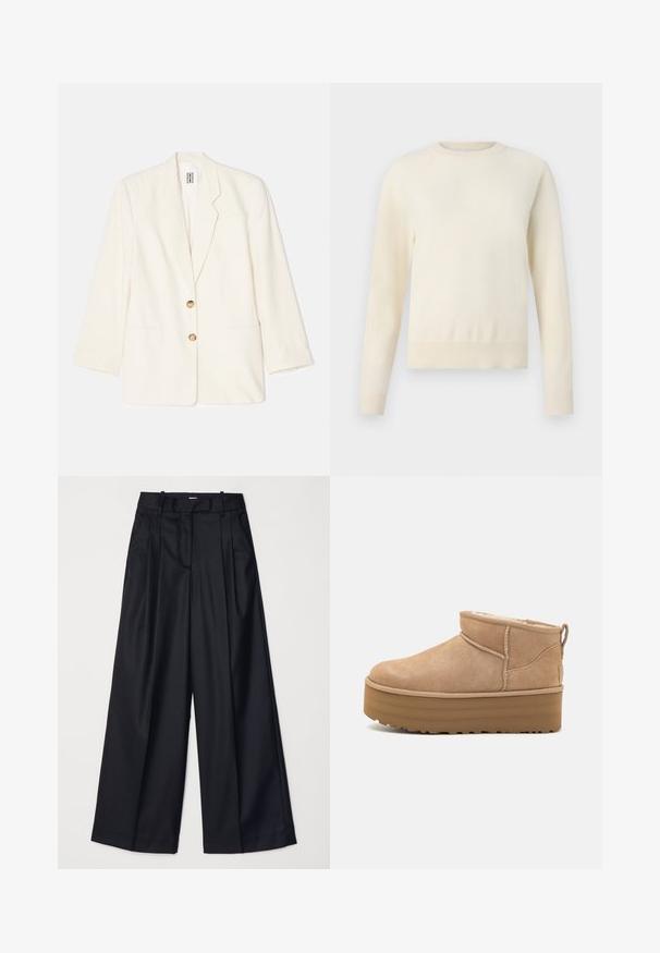 Blazer couleur crème en tissu texturé, avec un design à boutonnage simple, deux poches avant et des boutons dorés.; Pull crème clair à manches longues, col rond et ourlet côtelé. Fabriqué en matériau doux, avec une texture lisse.; Pantalons noirs à jambes larges en tissu lisse, dotés d'une taille haute, de plis et d'une coupe ajustée. Quincaillerie noire simple à la taille.; Bottines en suede beige avec un intérieur moelleux, dotées d'une semelle compensée et d'une languette à l'arrière pour un enfilage facile. Semelle extérieure en caoutchouc texturé.