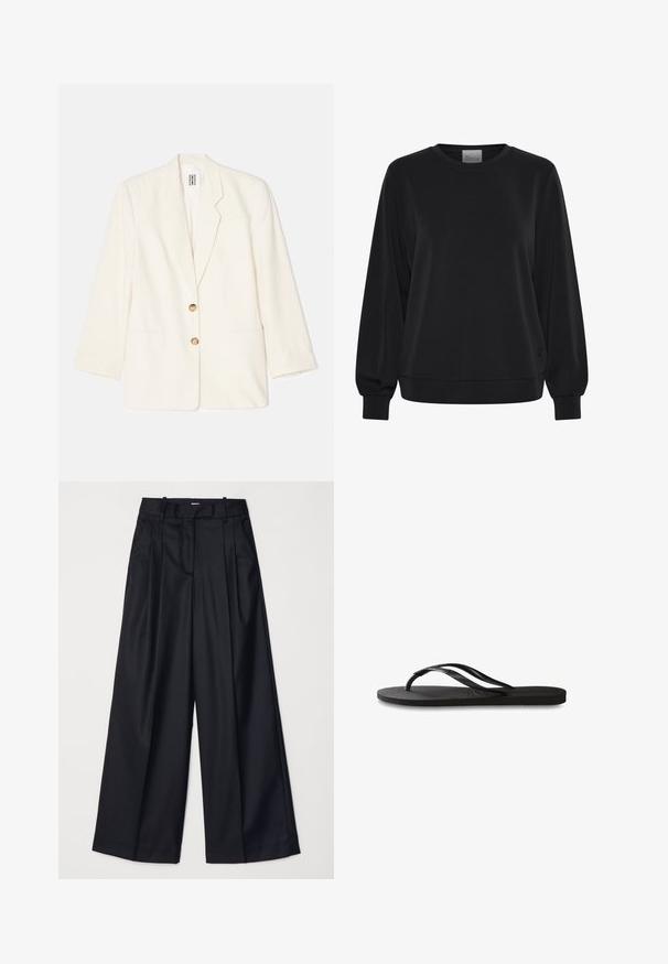 Crème-kleurige blazer gemaakt van gestructureerde stof, met een eenknopsontwerp, twee voorkruiszakken en gouden knopen.; Zwarte sweatshirts met lange mouwen, ronde hals en geribde manchetten. Kenmerkt zich door een gladde textuur en een subtiel logo detail aan de voorkant.; Zwarte wijde broek van soepel materiaal, met een hoge taille, plooien en een getailleerd ontwerp. Eenvoudige zwarte details bij de taille.; Zwarte flip-flop met een gestructureerde rubberen zool, twee slanke banden en een subtiele, ingedrukte logo-detail op de band.