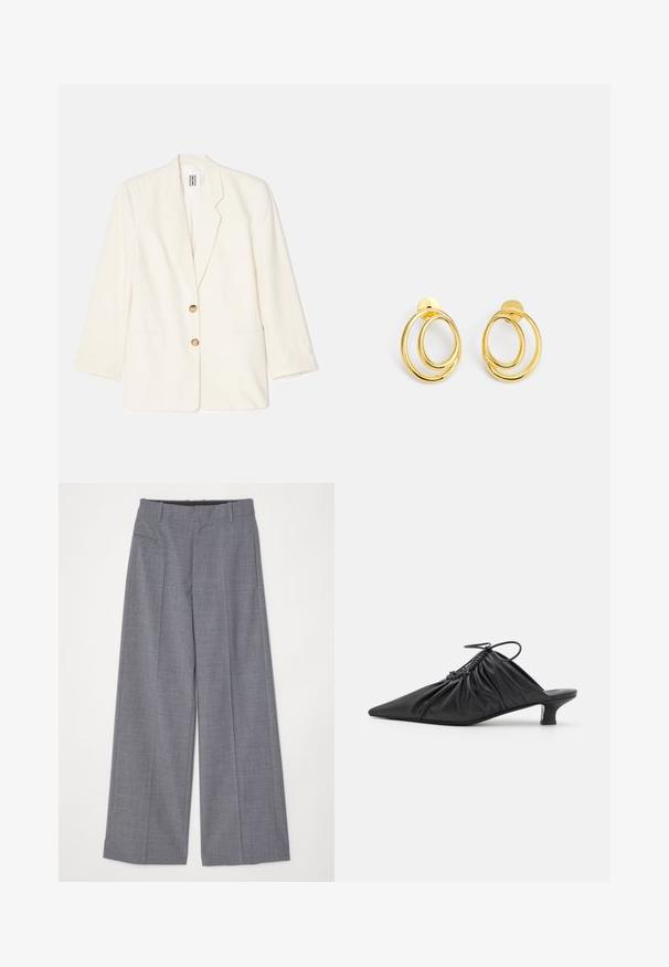 Krèmefarvet blazer lavet af tekstureret stof, med enkeltradet design, to forlommer og guldtonede knapper.; Hvid skjorte med lange ærmer lavet af glat stof, med klassisk krave, knaplukning foran og enkle manchetter med et rent, minimalistisk design.; MM6 Maison Margiela PANTS - Bukser - grey melange; Sorte læder slip-on mules med spids tå, samlet tekstur og en lille kitten heel. Har en snor-detalje ved åbningen.; Guldtonede hoop øreringe med to sammenflettede cirkelformer, glat finish og en stud-back lukning for sikker bæring.