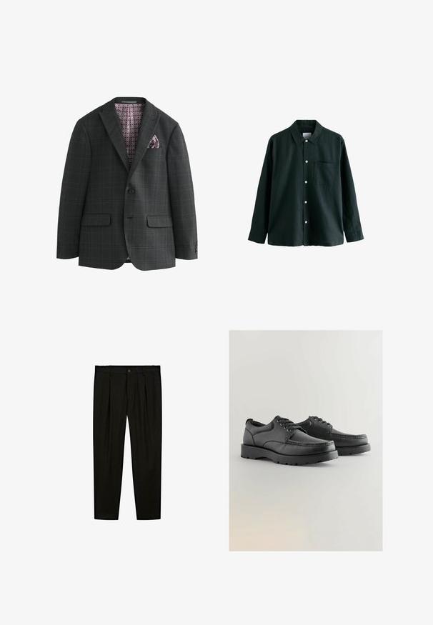 Next REGULAR FIT CHECK - Jakkesæt blazere - charcoal grey; Mørkegrøn skjorte med knaplukning, krave, lange ærmer og en enkelt brystlomme; har hvide knapper og en blød tekstur.; Sorte skræddersyede bukser lavet af glat stof. Funktioner inkluderer flad front, brede ben og en knaplukning i taljen.; Sorte lædersko med struktureret overdel, rund tå, snørebåndsdesign og tykke gummisåler med et slidbanemønster.