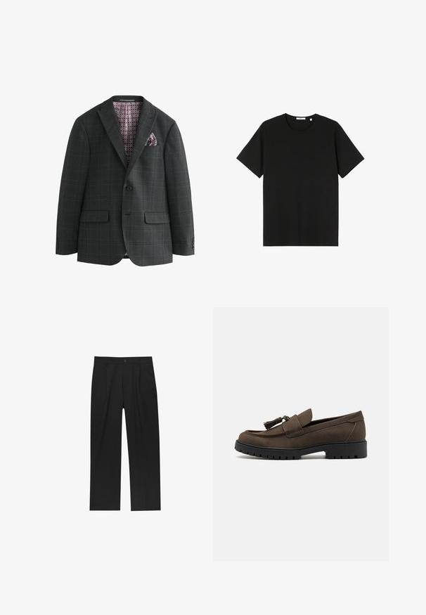 Next REGULAR FIT CHECK - Colbert - charcoal grey; Zwarte t-shirt met korte mouwen van katoen. Ronde halslijn, losse pasvorm, gladde textuur en zonder zichtbare patronen of grafische elementen.; Zwarte broeken met een recht model, gemaakt van een gladde stof. Voorzien van een voorplooien en een enkele knoopsluiting bij de taille.; Bruine suède instappers met een gladde bovenkant, ronde neus en decoratieve kwast. Beschikken over een robuuste zwarte rubberen zool voor grip.