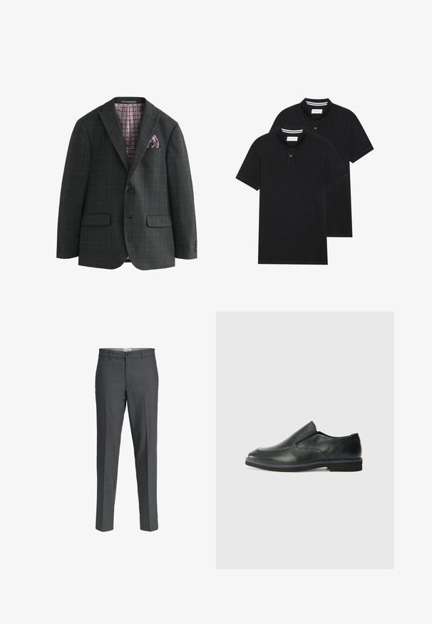 Next REGULAR FIT CHECK - Chaqueta de traje - charcoal grey; Dos camisetas polo negras, de manga corta, de material de algodón, que presentan un cuello clásico, una tapeta de dos botones y acentos de rayas blancas en el interior del cuello.; Pantalones de vestir grises con un diseño de corte recto, fabricados en una tela suave. Cuentan con un cierre de botón y dos bolsillos frontales.; Zapato negro de cuero sin cordones con un upper suave, detalles de costura, punta redonda y un bajo tacón de goma. La suela presenta una tracción mínima.