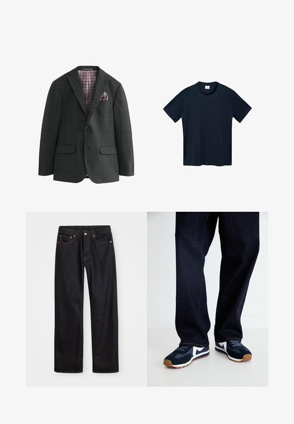 Next REGULAR FIT CHECK - Suit jacket - charcoal grey; Navy blue short-sleeve t-shirt made from soft cotton, featuring a round neckline and clean, straight-cut hem with no visible patterns.; Men’s straight-leg black denim jeans with five pockets and orange stitching, button and zip closure on front waistband.; Navy and white athletic shoes with a textured upper, laces, and rubber sole, paired with dark denim pants with orange stitching.