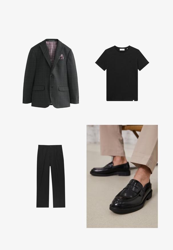 Next REGULAR FIT CHECK - Colbert - charcoal grey; Zwarte T-shirt met korte mouwen van katoen, met een ronde hals en een klein logo geborduurd op de borst. Soepele textuur, normale pasvorm.; Zwarte broeken met een recht model, gemaakt van een gladde stof. Voorzien van een voorplooien en een enkele knoopsluiting bij de taille.; Zwarte leren loafers met een gladde afwerking, voorzien van een decoratieve band en contrasterende stiksels, gecombineerd met beige broeken.