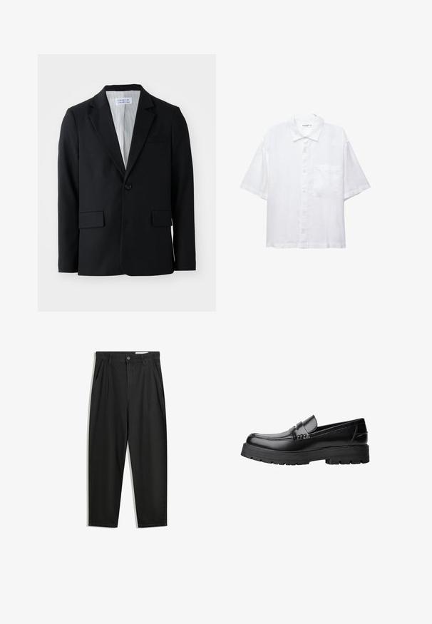 Schwarzer Blazer aus strukturiertem Stoff mit einem einreihigen Knopfverschluss, Reverskragen und drei Taschen, darunter eine Brusttasche.; Weißes Kurzarmhemd mit Knopfleiste, Kragen und einer Brusttasche. Aus leichtem Stoff mit glatter Textur gefertigt.; Schwarze Baumwollhose mit lockerem Schnitt, ausgestattet mit einem klassischen Bund, vorderen Falten und Seiten taschen. Glatte Textur ohne Muster.; Schwarzer Lederloafer mit grobem, rutschfestem Sohlenprofil und dekorativem Riemen über der Oberseite, seitlich links auf weißem Hintergrund abgebildet.