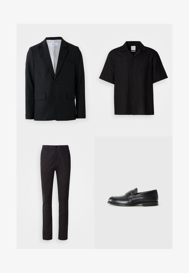 Schwarzer Blazer aus strukturiertem Stoff mit einem einreihigen Knopfverschluss, Reverskragen und drei Taschen, darunter eine Brusttasche.; Schwarzes Kurzarmhemd aus Leinen, mit Knopfleiste, spitzem Kragen und glatter Textur. Keine auffälligen Muster oder Akzente.; Schwarze Hose aus glattem Stoff, mit Knopfverschluss, normale Taille und geradem Bein. Keine sichtbaren Muster oder Verzierungen.; Schwarze Leder-Loeffler mit abgerundetem Zehenbereich, gesteppten Details und einer flachen Gummisohle. Verfügt über ein breites Band über dem Fußrücken.