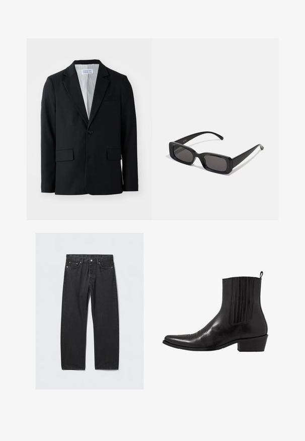 Crni sako izrađen od teksturiranog materijala s jednim gumbom, reverima i tri džepa, uključujući jedan džep na prsima.; Crna košulja dugih rukava od glatke tkanine, s dugmadi sprijeda, ovratnikom i suptilno izvezenim logotipom na prsima.; Crne traperice s ravnim krojem, s gumbom za zatvaranje, pet džepova i akcentima od bakrene boje. Glatka tekstura.; Crne kožne gležnjače s šiljastim vrhom, elastičnim bočnim panelima, okomitim šavovima i niskom blok petom.; Crne pravokutne sunčane naočale s tamnim lećama, sjajnim završetkom, širokim drškama i masivnim okvirom. Ugraviran naziv branda na jednoj dršci.