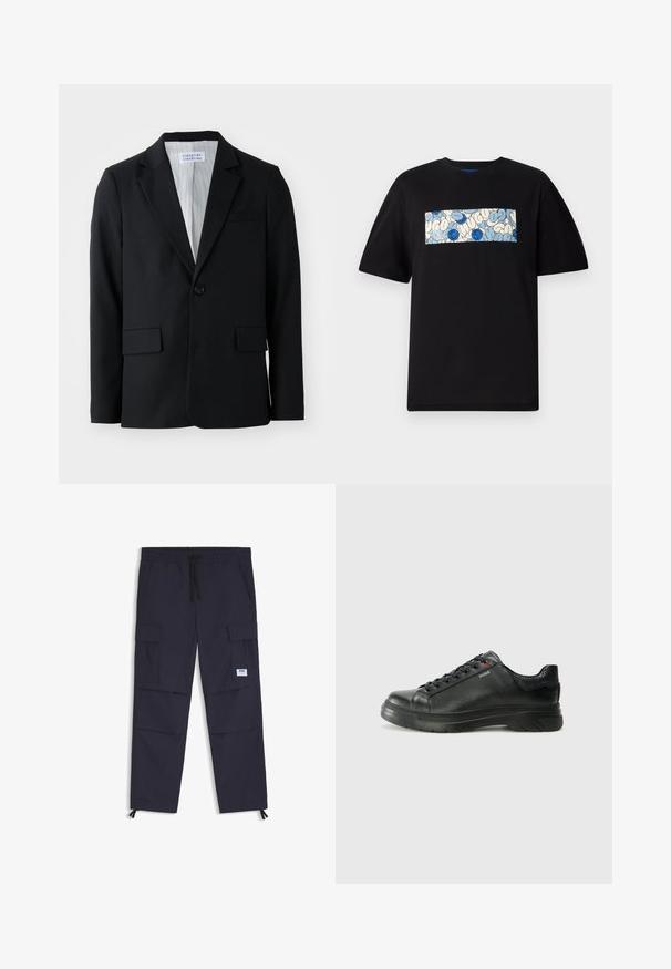 Black blazer made from textured fabric with a single button closure, notched lapels, and three pockets, including one chest pocket.; Black cotton t-shirt featuring a rectangular graphic in blue and cream with circular patterns and doodles, designed for a relaxed fit.; Navy cargo pants made from a lightweight fabric, featuring an elastic waistband, drawstring, multiple pockets, and ankle zippers.; Black leather sneaker with textured upper, padded collar, and red logo detail. Features a thick rubber sole with distinct tread pattern.