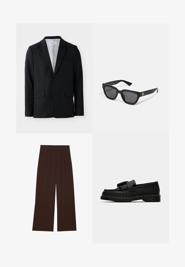 Sacou negru dintr-un material texturat, cu închidere cu un singur nasture, rever tăiat și trei buzunare, inclusiv unul pe piept.; Top din bumbac alb, cu decolteu rotund, bretele late și margine dreaptă, având o textură fină și fără modele vizibile.; Pantaloni maro, cu picioare largi, cu pliuri. Realizați dintr-un material neted, având o talie cusută și buzunare laterale. Tiv plat la baza.; Mocasini negri din piele cu ciucuri, cusături galbene pe marginea tălpii și o talpă exterioară groasă, zimțată din cauciuc.; Ochelari de soare dreptunghiulari, negri, cu un finisaj lucios, lentile întunecate și detalii aurii pe tâmplă cu logo-ul.