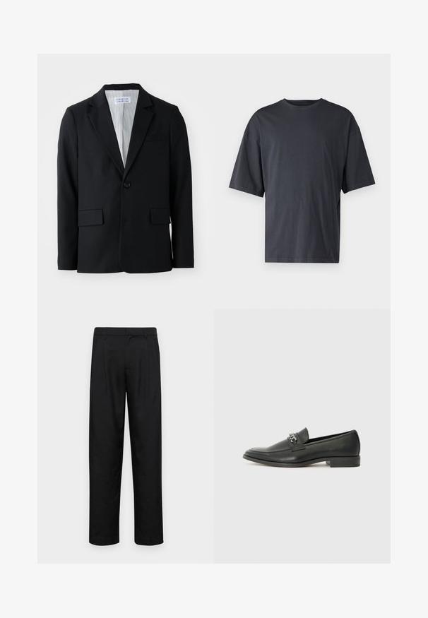 Blazer noir en tissu texturé avec une fermeture à un bouton, des revers crantés et trois poches, y compris une poche poitrine.; T-shirt à manches courtes gris foncé en coton léger, avec une coupe ample et un col rond classique, présentant une texture unie et sans motifs.; Pantalons noirs en tissu lisse, avec une coupe droite, deux plis avant et une taille standard avec passants de ceinture.; Mocassin en cuir noir avec une finition lisse, présentant un design cousu et une accent décoratif en chaîne métallique sur le rand. Talon plat.
