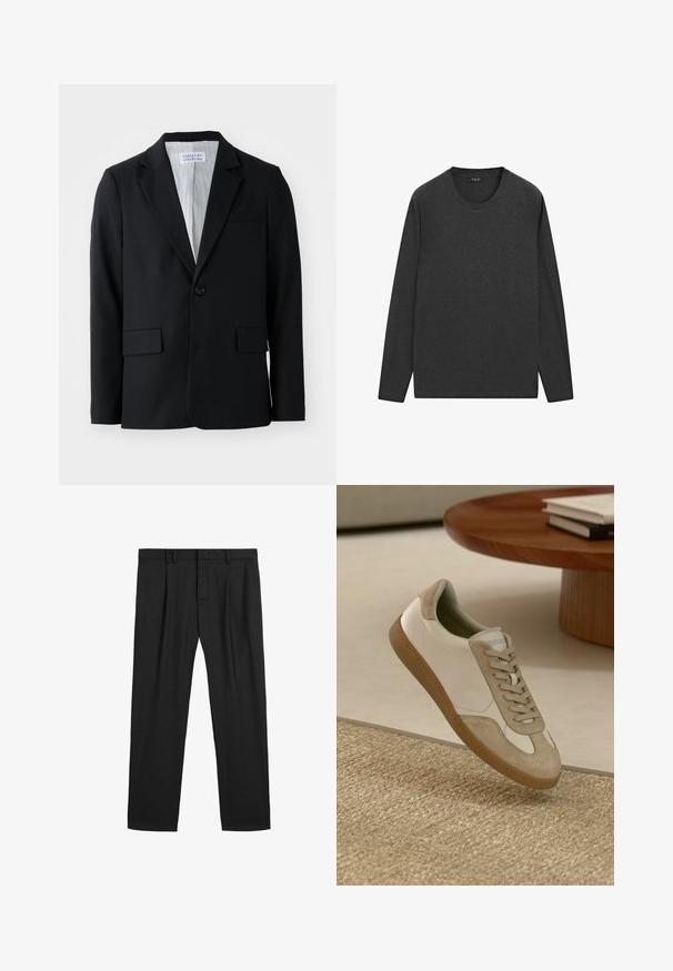 Svart kavaj tillverkad av texturerat tyg med en knappslutning, notched kragar och tre fickor, inklusive en bröstficka.; Mörkgrå bomullsskjorta med långa ärmar. Har en rund halsringning och en enkel, rak passform utan mönster eller detaljer.; Svarta plisserade byxor i en slät tygkvalitet, med en traditionell midjeresår och raka ben. Inga synliga mönster eller detaljer.; Lätt sneakers med ett överdel av vitt läder och beige mockadetaljer, rund tå och en texturerad brun gummisula.