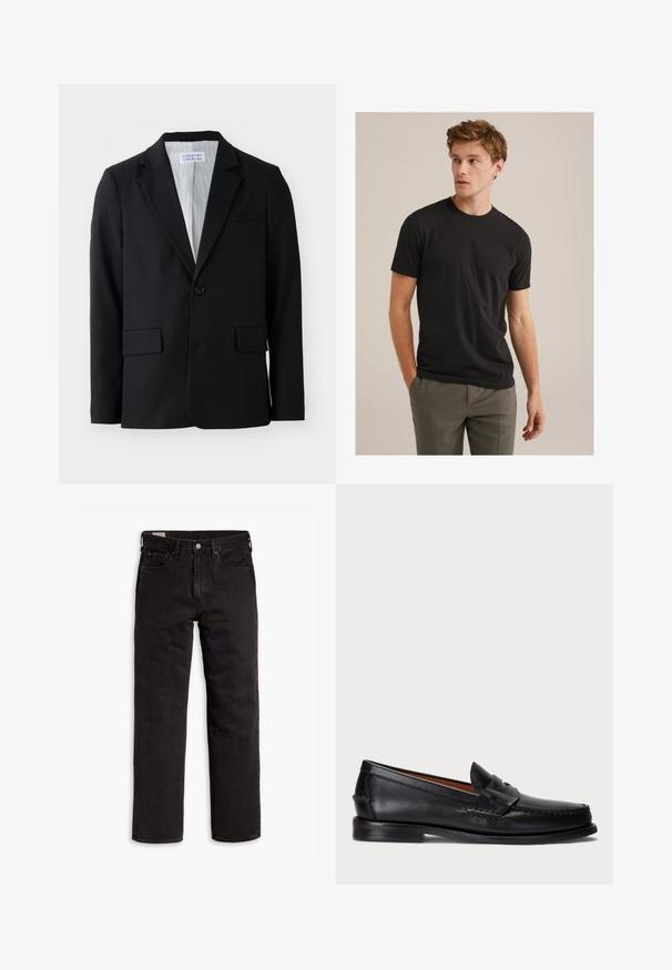 Blazer negro hecho de una tela texturizada con un cierre de un solo botón, solapas muestradas y tres bolsillos, incluyendo uno en el pecho.; Joven con cabello rizado castaño claro, vistiendo una camiseta negra de manga corta y pantalones grises, mirando hacia su izquierda con las manos en los bolsillos.; Vaqueros de mezclilla negros de pierna recta con cinco bolsillos, cierre de botón y trabillas para cinturón, dispuestos sobre un fondo blanco.; Mocasin de cuero negro con punta redondeada, detalles de costura y una correa decorativa en la parte frontal. Suela plana con un perfil minimalista.