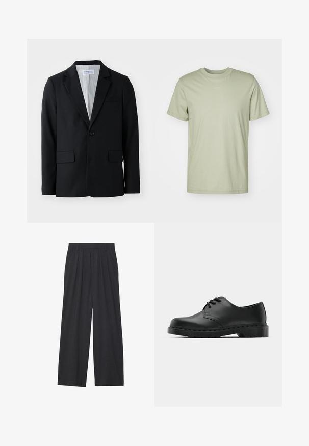Must mustri mustaga lõikega must bleiser, millel on ühe nööbi sulgemine, soonega krae ja kolm taskut, sealhulgas üks rinnatasku.; Hõbedane rohelise värvi puuvillane T-särk, ümmarguse kaelusega, lühikeste varrukatega ja keskel rinnal diskreetne brändi logo.; Laiene püksid, mis on valmistatud tumedast hallist kangast. Omavad vööümbrikus voldikuid, on kohandatud disainiga ja sirge siluett.; Mustad musta nahast oksfordi king, millel on paeltega disain, ümar nina, lame kummist tallal ja diskreetne õmblemise detail ülemise osa ääres.