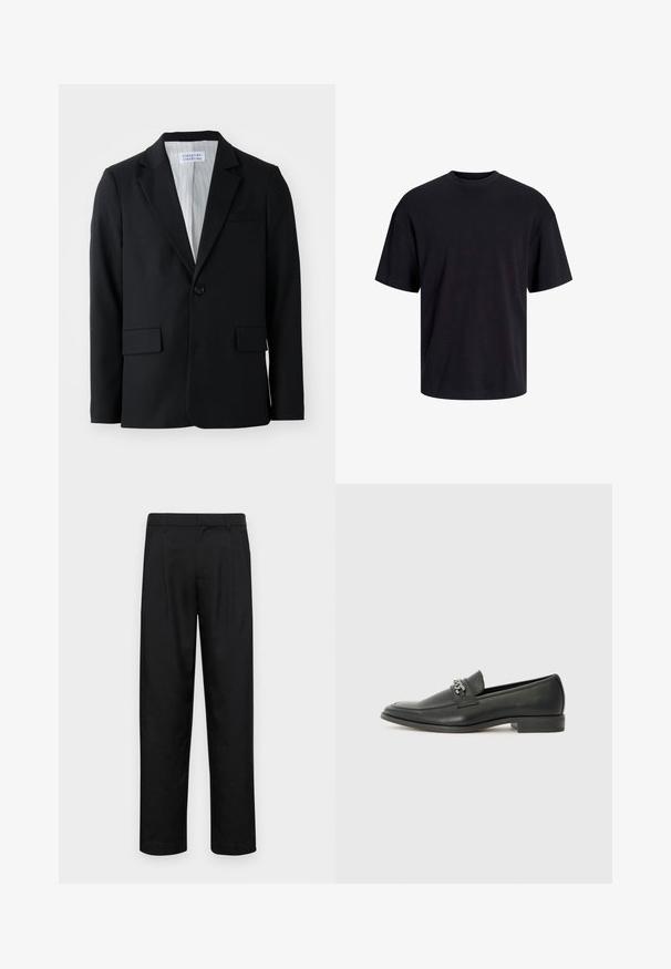Juodas švarkas, pagamintas iš tekstūruoto audinio, su vieno mygtuko uždarymu, su įpjovomis apykaklėmis ir trimis kišenėmis, įskaitant vieną krūtinės kišenę.; Juodas medvilninis marškinėlis su apvaliu iškirpimu, trumpomis rankovėmis ir laisvu siluetu. Glotni tekstūra, be matomų raštų ar akcentų.; Juodi kelnių modeliai, pagaminti iš lygios medžiagos, turi tiesią kojas, du priekiniai klostės ir standartinę juosmenį su diržo kilpomis.; Juodos odinės loafer tipo bateliai su lygiu paviršiumi, turintys siuvinėtą dizainą ir dekoratyvų metalo grandinėlės akcentą ant batų viršaus. Plokščias kulnas.