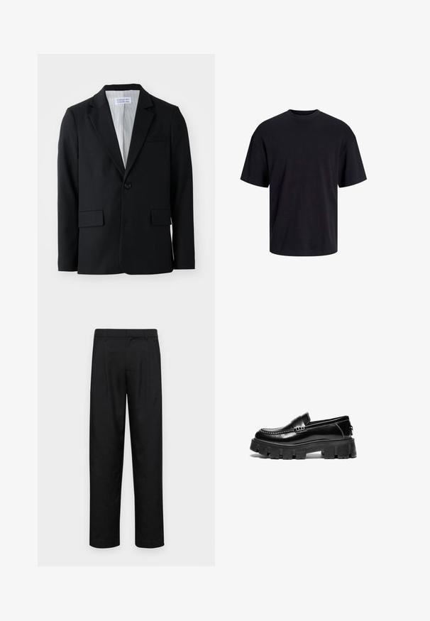 Sort blazer lavet af tekstureret stof med en enkelt knaplukning, klapslag og tre lommer, herunder en brystlomme.; Sort bomulds t-shirt med rund hals, korte ærmer og en afslappet pasform. Glat tekstur uden synlige mønstre eller accenter.; Sorte bukser lavet af glat stof, med et lige ben-design, to frontfolder og en standard talje med bæltestropper.; Sorte læder loafers med kraftig gummisål, dekorativ strop over vristen og kontrasterende hvid syning. Glat tekstur med rund tå.
