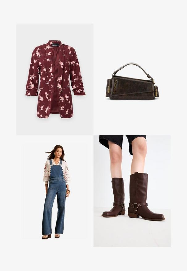 Bordový kvetinový blejzer s ružovými kvetmi. Vyrobený z ľahkej tkaniny s prispôsobeným strihom, s výstrihom do V a trojštvrťovými rukávmi.; Bordová mikina s voľným strihom, s okrúhlym výstrihom a spustenými ramenami, vystavená na jednoduchom bielom pozadí.; Džínové overaly s vlnitým dizajnom na prednej časti, rozšírenými nohavicami a bočnými vreckami. Skombinované s bielou vyšívanou blúzkou a drevenými doplnkami.; Hnedé kožené vysoké čižmy s okrúhlou špičkou, štruktúrovaným povrchom, opaskom okolo členka a detailmi zo strieborného kovu; s vysokým podpätkom.; Hnedá kožená kabelka s geometrickým dizajnom, s hornou rúčkou a zlatými zipsovými detailami. Logo je vyrazené na strane.