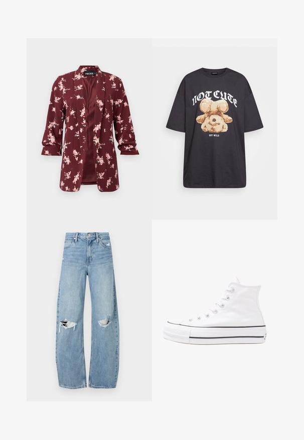 Burgundowy żakiet w kwiaty z różowymi kwiatami. Wykonany z lekkiego materiału, z dopasowanym krojem, klapami w kształcie notcha i rękawami do trzech czwartych.; Czarny, oversize t-shirt z grafiką niedźwiedzia i napisem „NIE UROCZY, ALE DZIKI” w grubej, białej czcionce. Materiał bawełniany.; Jasnoniebieskie, wysokiej talii dżinsy wykonane z denimu. Posiadają szerokie nogawki, dwa podarte miejsca na kolanach oraz klasyczne pięć kieszeni.; Białe wysokie trampki z płótna z czarną gumową podeszwą, przednim czubkiem z gumy i sześcioma dziurkami na sznurowadła, charakteryzujące się prostym, minimalistycznym designem.