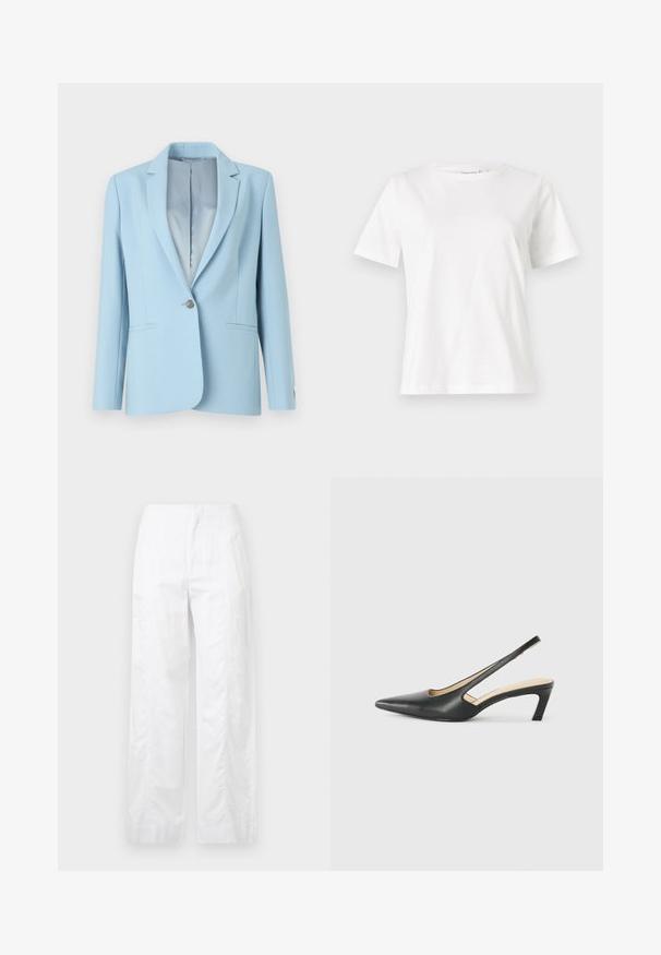 Svijetloplava sako jakna prilagođenog kroja s jednim dugmetom, reverima, dva prednja džepa i glatkom unutarnjom podstavom.; Bijela pamučna majica s kratkim rukavima, okruglim izrezom i opuštenim krojem. Glatka tekstura, bez uzoraka ili akcenata, minimalistički dizajn.; Bijele široke hlače od laganog materijala, s glatkom teksturom, čistim linijama i visokim strukom.; Crne cipele s izduženim vrhom i remenom oko pete, s niskom petom, izrađene od glatke kože i s izrezbarenom stranom radi prozračnosti.