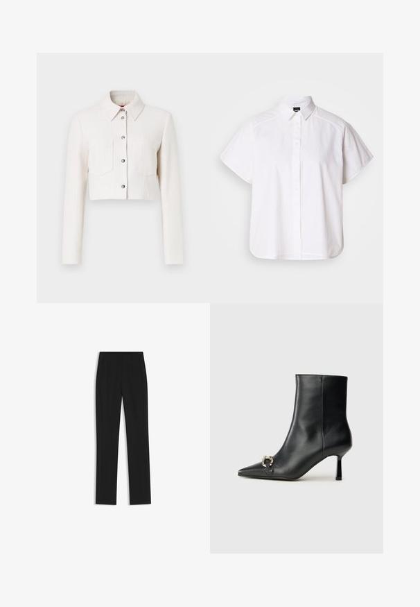 Chaqueta blanca recortada y texturizada con mangas largas, cierre frontal de botones, cuello puntiagudo y dos bolsillos en el pecho. Acentos en tono plateado.; Camisa blanca de manga corta con botones, cuello con puntas y dobladillo curvado. Fabricada en algodón con una textura suave y sin patrones visibles.; Pantalones de traje negros con un diseño de pierna recta, que cuentan con bolsillos delanteros y una tela suave y texturizada. Detalles limpios y minimalistas.; Botín negro de cuero hasta el tobillo con punta afilada, tacón delgado de altura media y detalle de hebilla plateada en el lateral, sobre un fondo liso.