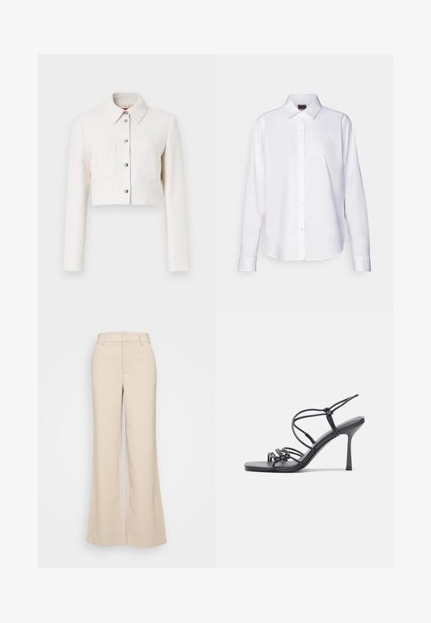 Veste blanche texturée coupée avec manches longues, fermeture à boutons sur le devant, col pointu et deux poches poitrine. Accents en matériel argenté.; Chemise blanche à manches longues, boutonnée, fabriquée en coton. Comprend un col classique et une broderie de marque discrète sur la poitrine. Texture lisse.; T-shirt blanc à manches courtes en coton léger. Présente un col rond et des manches retroussées. Étiquette logo rouge sur le col.; Pantalons larges beiges avec une texture lisse, dotés d'une taille haute et de deux poches avant. Design épuré avec une coupe ajustée.; Des sandales noires à talons hauts avec des fines lanières au design noué, un bout carré lisse et un talon aiguille élégant.