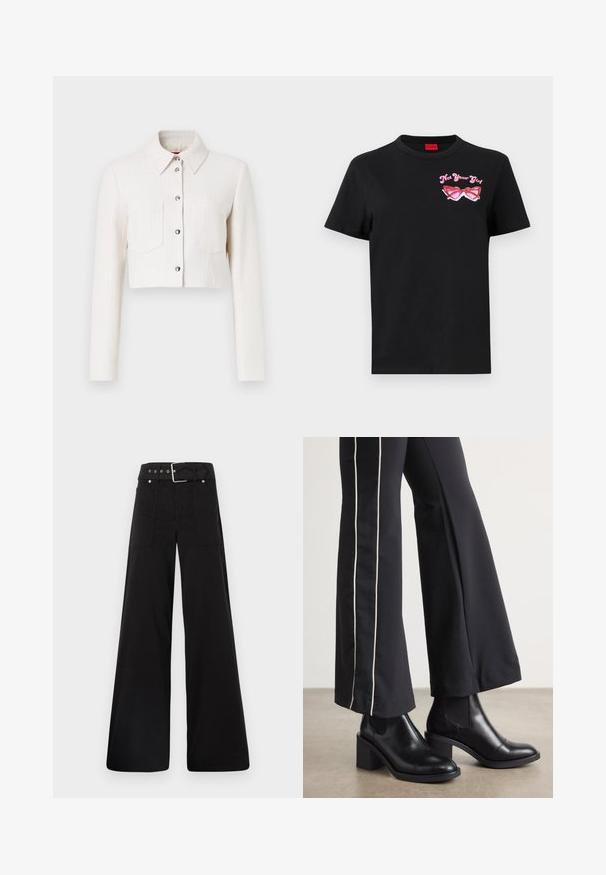 Cropped white textured jacket with long sleeves, button-front closure, pointed collar, and two chest pockets. Silver-tone hardware accents.; Black cotton t-shirt with short sleeves featuring a pink graphic of sunglasses and text "Not Your Girl" on the left chest area.; Black wide-leg trousers made from cotton, featuring a high waist, large side pockets, and a belted waist with silver hardware accents.; Black leather ankle boots with a block heel, featuring elastic side panels. Paired with black pants that have a white side stripe.