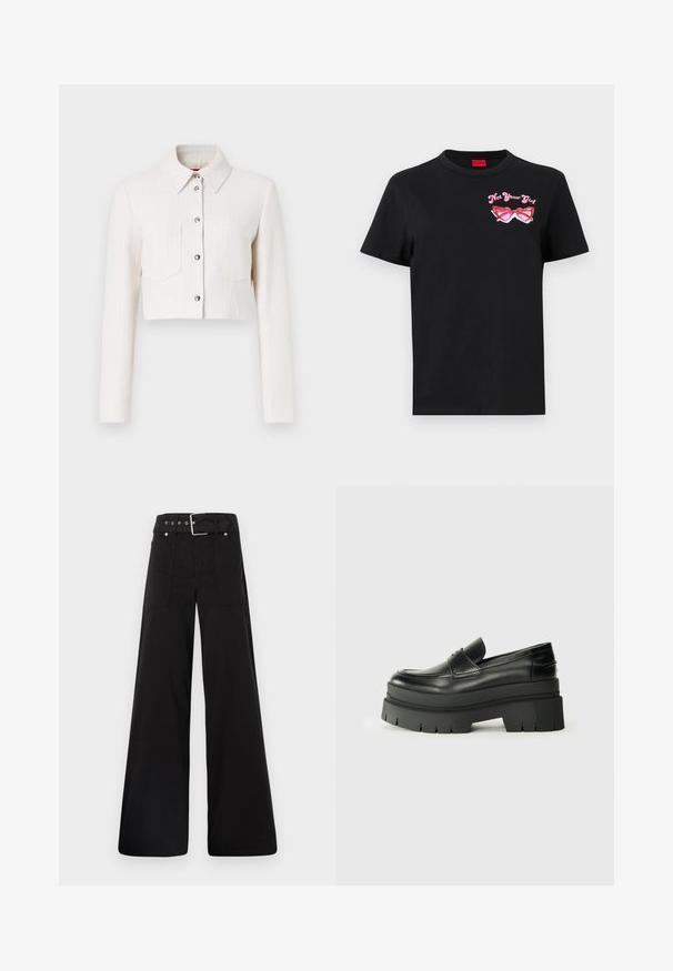 Lühendatud valge tekstureeritud jakk pikkade varrukatega, nööpide ees sulgemine, terav kaelus ja kaks rinna-taskut. Hõbedased aksessuaarid.; Musthave musta T-särk lühikeste varrukatega, millel on vasakul rinnal roosa prillide graafika ja tekst "Not Your Girl".; Mustad laiad mustad püksid, mis on valmistatud puuvillast, kõrge vöökoha, suurte küljetaskute ja kumerate rihmadega, kus on hõbedased detailid.; Mustad mustrennistest nahast mokad, millel on paks platvormi tald. Ümar varvas, eesmine õmblusdetail ja peened õmblemisaktsendid. Lame, tekstureeritud välistald.