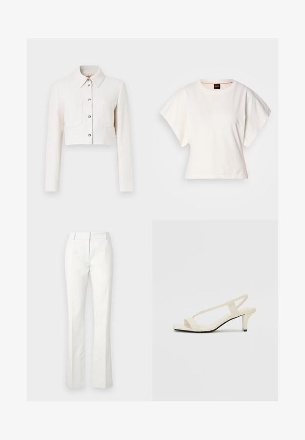 Kuttet hvit teksturert jakke med lange ermer, knappelukking foran, spiss krage og to brystlommer. Sølvfargede detaljer.; Hvit cropped T-skjorte, korte vide ermer, myk bomullsmateriale, rund halslinning med subtilt oransje kantbånd, minimalistisk design, uten mønstre eller grafikk.; Hvit skreddersydde bukser med utsvingt bunn, med frontfeller og en jevn tekstur, laget av et lett materiale.; Beige blokk-høydesandaler med tynne stropper og firkantet tå. Glatt materiale med minimale detaljer, designet for enkel bruk.