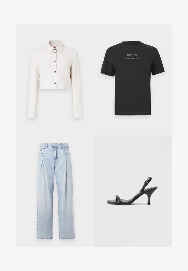Cropped white textured jacket with long sleeves, button-front closure, pointed collar, and two chest pockets. Silver-tone hardware accents.; Black cotton T-shirt with a crew neckline, short sleeves, and white printed "Calvin Klein" logo and "Established 1968" text.; Light blue denim jeans with a high waist, wide-leg cut, two side pockets, and pleated design feature. Soft texture with a faded finish.; Black leather high-heeled sandals with a slim, curved heel and a crossed strap design. Adjustable ankle strap. Smooth texture.