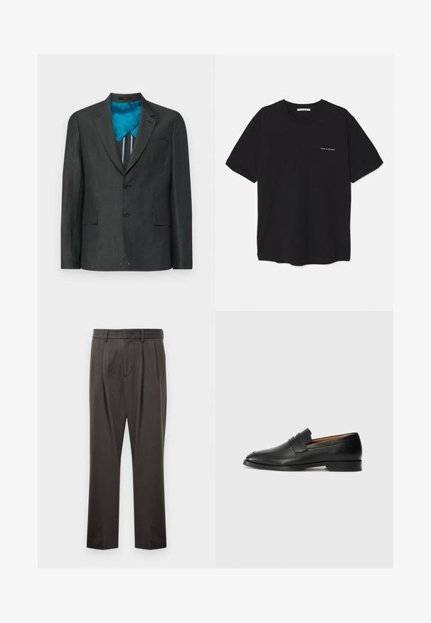 Tamsiai pilkas švarkas su dviem priekiniais mygtukais, pritaikytas fitas, vienu krūtiniu kišeniu, pamuštas mėlyna žalia medžiaga, turinčia vertikalių juostelių.; Juoda medvilninė marškinėlė su apykakle, trumpomis rankovėmis ir baltu logotipu kairėje krūtinės pusėje. Paprastas, vientisas spalvų dizainas.; Tamsiai pilki kelnės, pagamintos iš tekstūruoto audinio, su plokščiu priekiniu pjūviu, klostėmis, tiesiomis kojomis ir diržo kilputėmis. Matomų metalinių detalių ar raštų nėra.; Juodas odinis loaferis su apvaliu nosiu, subtiliomis siuvimo detalėmis ir žemu kulnu, pasižymintis lygia tekstūra ir minimalistiniu dizainu.