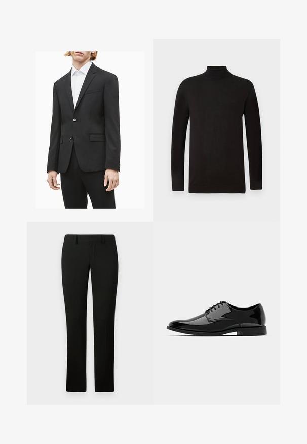 Svart skreddersydd blazer med spiss krage, to frontlommer og en enkelt knappelukking. Glatt tekstur, moderne passform og lange ermer.; Svart genser med høy hals i mykt strikket stoff. Har lange ermer og en tettsittende design med en ribbete krage og liv. Minimal merking.; Svarte bukser med tilpasset passform, med en jevn tekstur og rette ben. Livremmen har beltestropper og en ren finish.; Svart lakkskinn dressko med rund tå, snøring og glatt, blank overflate. Den har en lav, gummisåle.