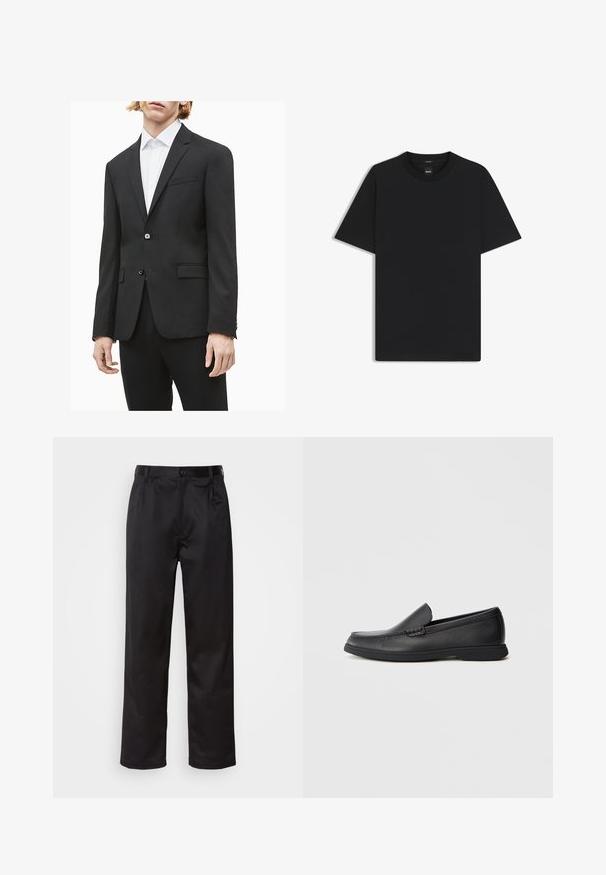 Sort skræddersyet blazer med spids revers, to forlommer og enkelt knap lukning. Glat tekstur, moderne pasform og lange ærmer.; Sort kortærmet T-shirt lavet af en glat bomuldsblanding, med en rund halsudskæring og et minimalistisk design uden mønstre eller accenter.; Sorte bukser lavet af glat stof, med frontknaplukning, pressefolder og lige ben. Ingen synlige mønstre eller accenter.; Sort læder slip-on loafers med tekstureret overdel, rund tå, lav hæl og gummisål, vist i sideprofil på hvid baggrund.