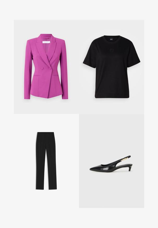 Fuchsia blazer with a tailored design, single-breasted style, peak lapels, and two front pockets. Made from a smooth, structured fabric.; Black cotton t-shirt with a crew neckline, short sleeves, and an embroidered logo on the chest. Simple, relaxed fit with no patterns.; Black tailored trousers with a straight-leg design, featuring front pockets and a smooth, textured fabric. Neat, minimal detailing.; Black leather slingback heels with a pointed toe, featuring a slim heel and a gold-tone accent on the adjustable strap. Smooth texture.