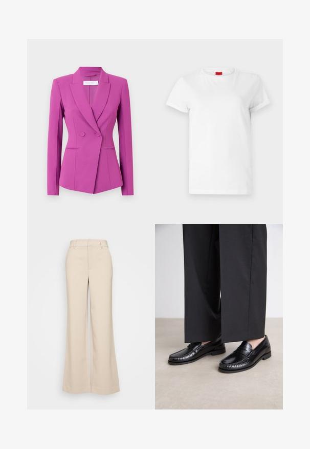 Fuchsie sako s ušitým designem, jedním knoflíkem, špičatými klopami a dvěma předními kapsami. Vyrobeno z hladké, strukturované tkaniny.; Bílý tričko s krátkým rukávem vyrobené z lehké bavlny. Má kulatý výstřih a ohrnuté rukávy. Červená nášivka s logem na límci.; Krémové kalhoty s širokými nohavicemi a hladkou texturou, se zvýšeným pasem a dvěma předními kapsami. Čistý design s přiléhavým střihem.; Černé kožené loafers s hladkým povrchem, prošívané detaily kolem špičky a nízkou gumovou podrážkou. V kombinaci s širokými černými kalhotami.