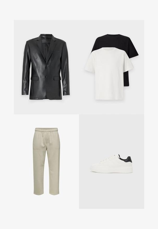 Juodas dirbtinės odos švarkas su apykakle, dviem mygtukais ir priekinėmis kišenėmis. Lygus paviršius su pritaikytu siluetu ir struktūrizuotu dizainu.; Medvilniniai marškiniai, kuriuos sudaro juodas ir baltas marškinėliai, abu su trumpomis rankovėmis, apvaliu iškirpimu ir standartiniu sijonu. Tekstūruota medžiaga.; Šviesiai rudos medvilnės sportinės kelnės su elastinga juosta, dviem priekinėmis kišenėmis ir tiesiais kelnių sijonais. Lygus paviršius su minimaliu siuvimo detalių išdėstymu.; Balti odiniai sportbačiai su įspaustu raštu, tekstūruotas baltas vidpadis ir juodas kulno akcentas. Ypatybės: apvalus pirštas ir plokščios batraiščiai.
