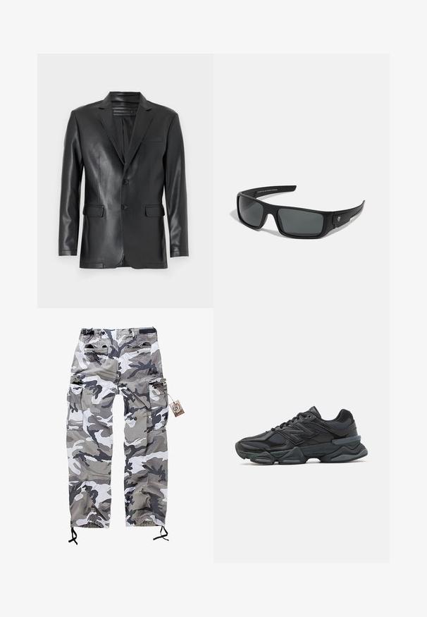 Crni blazers od umjetne kože s reverom, dva gumba i prednjim džepovima. Glatka tekstura s prilagođenim krojem i strukturiranim dizajnom.; Crna pamučna majica kratkih rukava, s prednjim grafičkim prikazom statue i riječju "REPENT" u podebljanom sivom slovu.; Kamuflažne cargo hlače u nijansama sive i bijele, s više džepova i vezicom na manžetama za prilagodljivost.; Crne trkačke tenisice izrađene od kombinacije mrežastih i sintetičkih materijala, s debelim potplatom, zakrivljenim dizajnom i istaknutim brendom sa strane.; Crne sunčane naočale sa pravokutnim okvirom, tamno sivim lećama i glatkom plastičnom površinom. Značajan logo na strani.