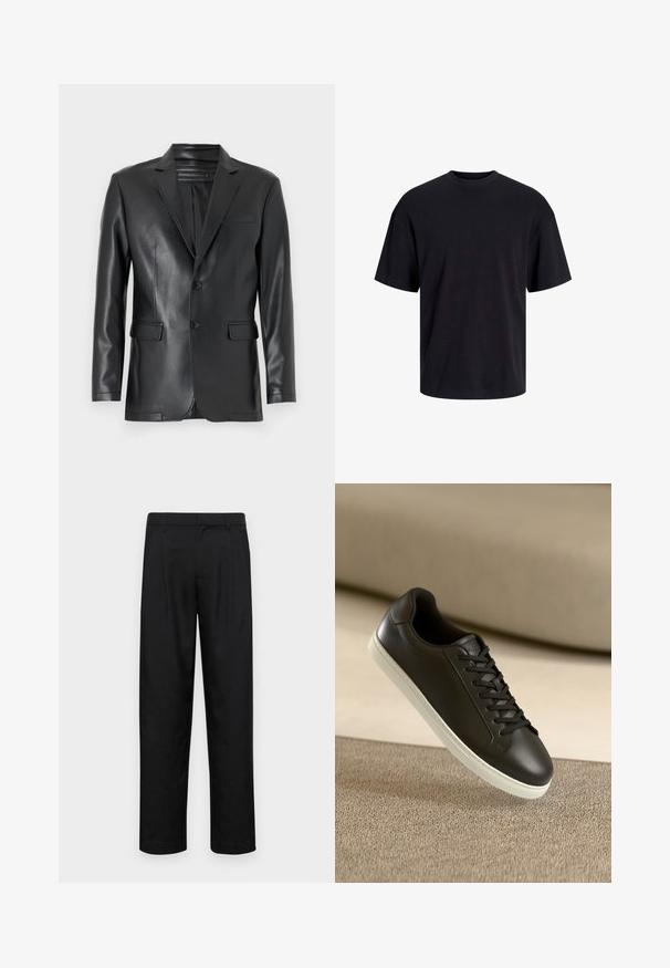 Schwarzer Kunstleder-Blazer mit Reverskragen, zwei Knöpfen und Fronttaschen. Glatte Textur mit taillierter Passform und strukturiertem Design.; Schwarzes Baumwoll-T-Shirt mit Rundhalsausschnitt, kurzen Ärmeln und lässiger Passform. Glatte Oberflächenstruktur und keine sichtbaren Muster oder Akzente.; Schwarze Hose aus glattem Stoff, mit geradem Bein Design, zwei vorderen Falten und einem Standardbund mit Gürtelschlaufen.; Schwarzer Ledersneaker mit weißer Gummisohle und schwarzen Schnürsenkeln, platziert auf einer beigen Stoffoberfläche und im Hintergrund.