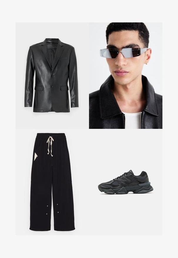Črn blazer iz umetnega usnja z izrezanim ovratnikom, dvema gumboma in sprednjima žepoma. Gladka tekstura z prilegajočim fitom in strukturirano zasnovo.; Črno kratko majico s kratkimi rokavi iz bombaža, z okroglo ovratnico in sproščenim krojem. Gladka tekstura z minimalnimi detajli šivanja.; Črne široke hlače iz mehkega blaga z elastičnim pasom na vrvico, stranskimi žepi in trikotnim dodatnim žepom. Vključeni so srebrni detajli.; Črne tekaške superge, ki združujejo mrežaste in sintetične materiale, imajo debel podplat, ukrivljen oblikovni slog ter izrazito blagovno znamko na strani.; Angularne sončne očala s sivim tonom in srebrnim okovjem, postavljena na svetli podlagi. Leče imajo edinstveno geometrijsko obliko.