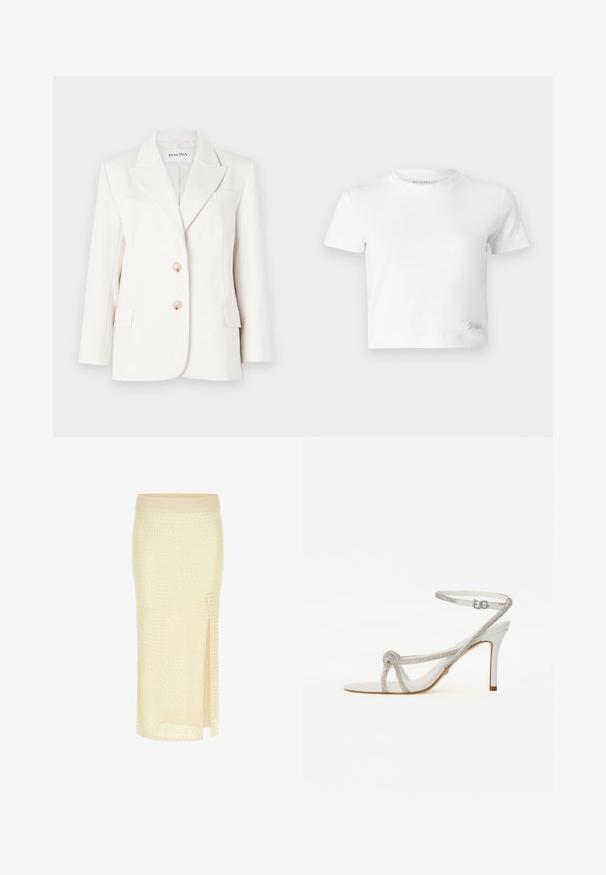 Balta žakete ar piegriezumu, vienpusējo dizainu, divām priekšējām kabatām, rozā pogām un ieliektām apkaklēm. Tekstūras audums.; Balts īsais T-krekls, izgatavots no gludas kokvilnas, ar augstu kakla izgriezumu un īsām piedurknēm. Neliels izšūts logo apakšējā stūrī.; Adīta krēmkrāsas svārku ar pieguļošu jostas daļu, ar sānu šķirbu un teksturētu rakstu visā virsmā. Vidēja garuma dizains, viegla materiāla.; Baltas augstpapēžu sandales ar strukturētu siksniņu, kas rotāta ar rhinestones, atvērta purngala dizains un potītes siksniņa ar regulējamu sprādzi.