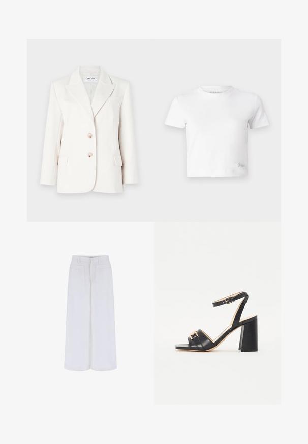Bela blazer z oprijemljivim krojem, z enim gumbom, dvema sprednjima žepoma, roza gumbi in izrezanimi reverji. Teksturirana tkanina.; Bela skrajšana majica iz gladkega bombaža, z visokim ovratnikom in kratkimi rokavi. Majhen vezen logotip v spodnjem kotu.; Bele hlače širokih nogavic z gladko teksturo, opremljene z dvema sprednjima žepoma in zapiranjem na gumb, zasnovane za sproščen fit.; Črne visokootvorjene sandale iz gladke usnjene, ki imajo kvadratni nos, trak okoli gležnja in zlat odtenek na sprednji strani.