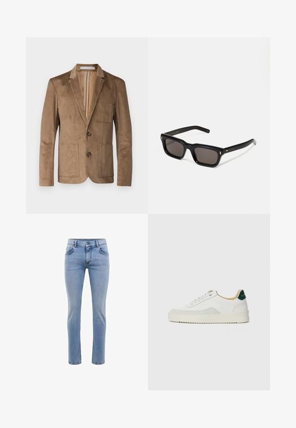 Essential Collective UNCONSTRUCTED CORDUROY BLAZER JACKET - Americana - camel; Suéter de cuello redondo color azul marino, hecho de una tela suave, con mangas largas y un dobladillo acanalado. Sin patrones visibles ni adornos.; Jeans de mezclilla azul claro con un corte ajustado, cinco bolsillos y un diseño de pierna recta. Cuenta con una cremallera y trabillas para cinturón. Textura suave.; Zapatilla blanca con acentos de ante, puntera redondeada, cordones planos y suela de goma color crema. Presenta un logo verde en el talón.; Gafas de sol rectangulares negras con lentes oscuros, marco de plástico grueso, acentos dorados en las patillas y logotipo de la marca grabado en el brazo.