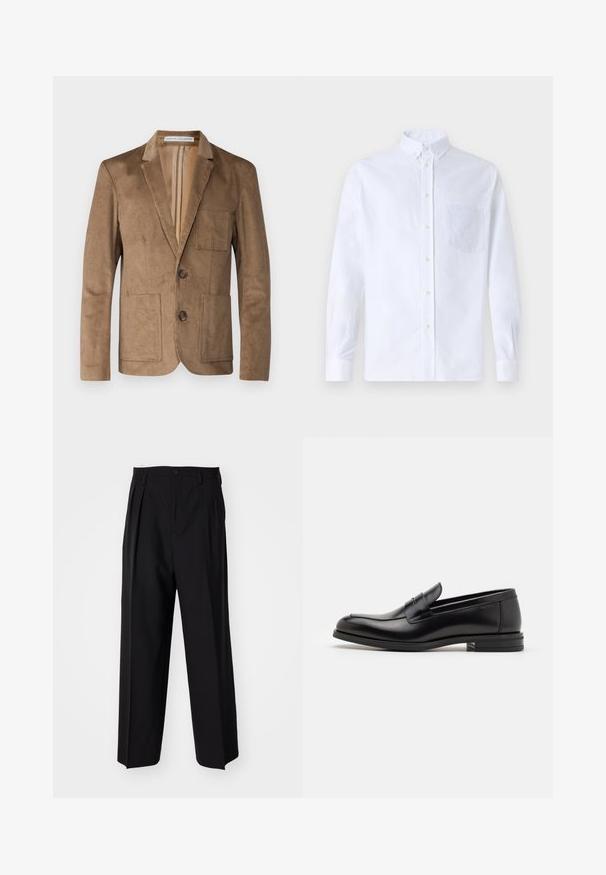 Essential Collective UNCONSTRUCTED CORDUROY BLAZER JACKET - Pikkutakki - camel; Valkoinen pitkähihaista napillista paitaa, joka on valmistettu puuvillasta. Paita sisältää rinnan kohdalla taskun, jossa on samaa sävyä oleva brodeeraus, kauluksen sekä napilliset hihansuut.; Mustat laskostetut housut, joissa on suora, leveä lahje. Valmistettu sileästä kankaasta, jossa on nappisuljenta ja vyölenkit.; Mustat nahkakengät, joissa on sileä pinta, pyöreä kärki ja koristeellinen nauha jalkapöydän yli. Matala pinoitu koroke, minimalistinen muotoilu.