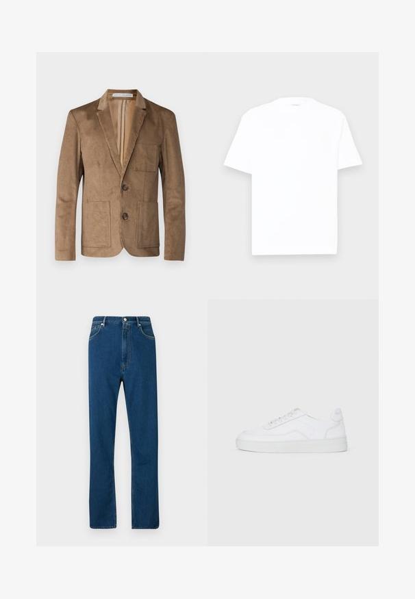 Essential Collective UNCONSTRUCTED CORDUROY BLAZER JACKET - Giacca - camel; T-shirt bianca in cotone con colletto rotondo, maniche corte e vestibilità comoda. Tessuto liscio, dettagli minimi e senza motivi o grafiche.; Jeans in denim blu con vita alta, design a gamba dritta, stile a cinque tasche e cuciture arancioni a contrasto. Texture liscia.; Sneaker bassa bianca con lacci, tomaia liscia e suola in gomma su sfondo chiaro.