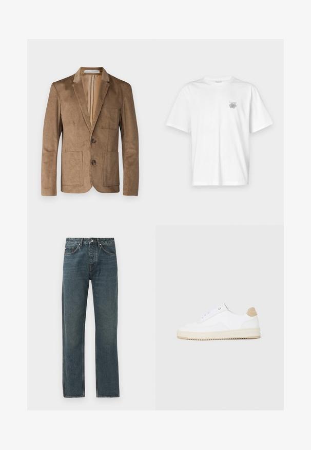 Essential Collective UNCONSTRUCTED CORDUROY BLAZER JACKET - Blazer - camel; Witte t-shirt van katoen met korte mouwen, een ronde hals, en een klein grijs logo op de linker borstzijde. Soepele textuur.; Donkerblauwe denim jeans met een rechte pijp, voorzien van vijf zakken, een knoopsluiting en contrasterende stiksels.; Witte lage sneakers van textuurleer met een romige, ribbelige zool en een tankleurige hakaccent. Voorzien van witte veters en logodetail op de hak.