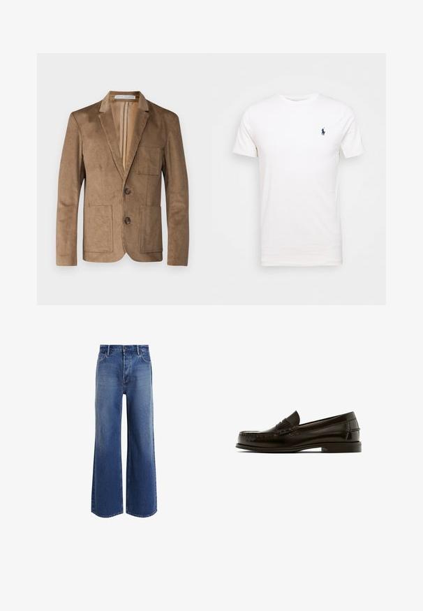 Essential Collective UNCONSTRUCTED CORDUROY BLAZER JACKET - Sakko - camel; Weißes Baumwoll-T-Shirt mit Rundhalsausschnitt. Mit einem kleinen dunkelblauen Logo auf der linken Brust. Kurze Ärmel, glatte Textur.; Hochgeschnittene weitgeschnittene Jeans in mittelblauem Denim, mit einem klassischen Fünf-Taschen-Design, leichter Ausbleichung und fransigen Saumdetails.; Braune Lederloafer mit abgerundetem Zehenbereich, dekorativer Naht und niedrigem Absatz. Glatte Textur mit minimalem Beschlag und klassischem Design.