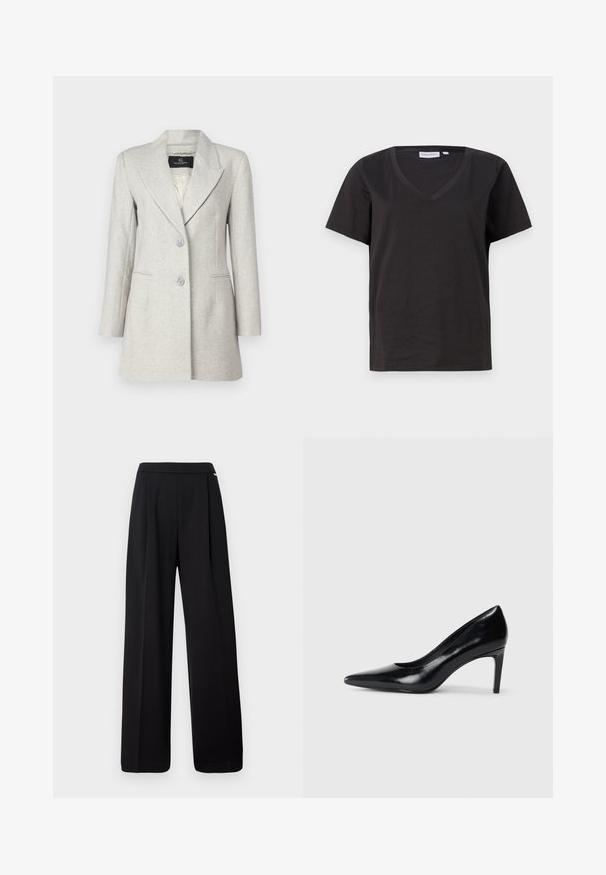 Vaaleanharmaa bleiseri, joka on valmistettu herringbone-kangasta ja jossa on viisto kaulus, kaksi etutaskua ja kaksi nappia, sekä sileä vuori.; Musta puuvillainen T-paita, jossa on V-kaula-aukko ja lyhyet hihat. Yksinkertainen muotoilu, säännöllinen istuvuus ilman kuvioita tai koristeita.; Mustat leveät housut, jotka on valmistettu sileästä kankaasta, yksinkertaisella designilla ja joustavalla vyötäröllä, ilman näkyviä kuvioita tai yksityiskohtia.; Mustat nahkakengät korkealla korolla, terävä kärki, sileä pinta ja kapeneva korko. Minimalistinen muotoilu, ei ylimääräisiä koristeita.