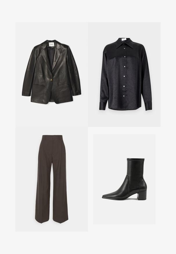 AERON Ādas jaka - black; Melnas garām piedurknēm krekls ar apdari, kas piedāvā samocītu tekstūru, pilnu pogu priekšpusi un aproces. Izgatavots no gludas auduma.; Tumši brūni platajiem galiem bikses ar augstu jostasvietu, kas pieejamas ar uzmanīgi presētām krokām, gludu tekstūru un pielāgotu piegriezumu.; Melnas potītes zābaki, kas izgatavoti no gludas ādas, ar smailu purngalu, blokveida papēdi un izteiktu paceltu šuvumu augšējā malā.