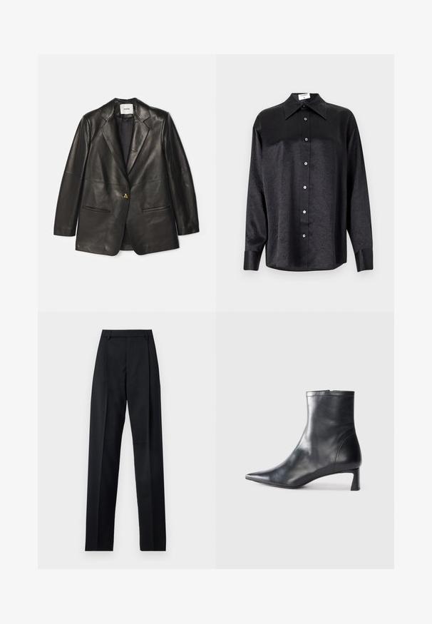 AERON Nahkatakki - black; Musta pitkähiha vaarallista paitaa, jossa on kauluspanta, ryppytynyt pinta, täysi napitus edessä ja hihansuut. Valmistettu sileästä kankaan.; Musta housut, jotka on valmistettu sileästä kankaasta ja joissa on korkea vyötärö, leveät lahkeet, etukaarteet ja klassiset vyölenkit. Ei näkyviä sivutaskuja.; Musta nahkainen nilkkabotti, jossa on teräväkärkinen muotoilu ja tyylikäs design. Varusteena matala korko ja takana vetoketjukiinnitys. Sileä pinta.
